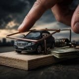 finanziamento auto usura rappresentato da un’automobile intrappolata in una trappola con denaro sullo sfondo