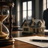 Eredità con debiti, clessidra, casa e documenti legali su una scrivania in uno studio professionale