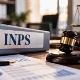 Fascicolo INPS, martelletto del giudice e documenti contabili sulla posizione contributiva dei soci di SRL